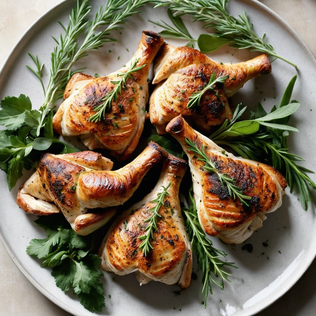 Golden-brown chicken pieces on a platter, garnished with fresh herbs.