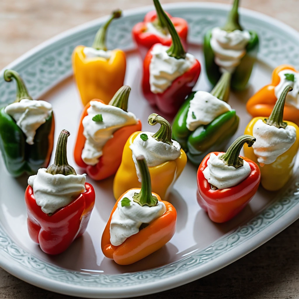 Colorful mini peppers stuffed with creamy white filling arranged on a platter.