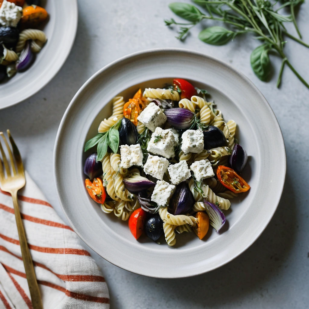colorful roasted vegetables and pasta topped with creamy goat cheese in a shallow bowl