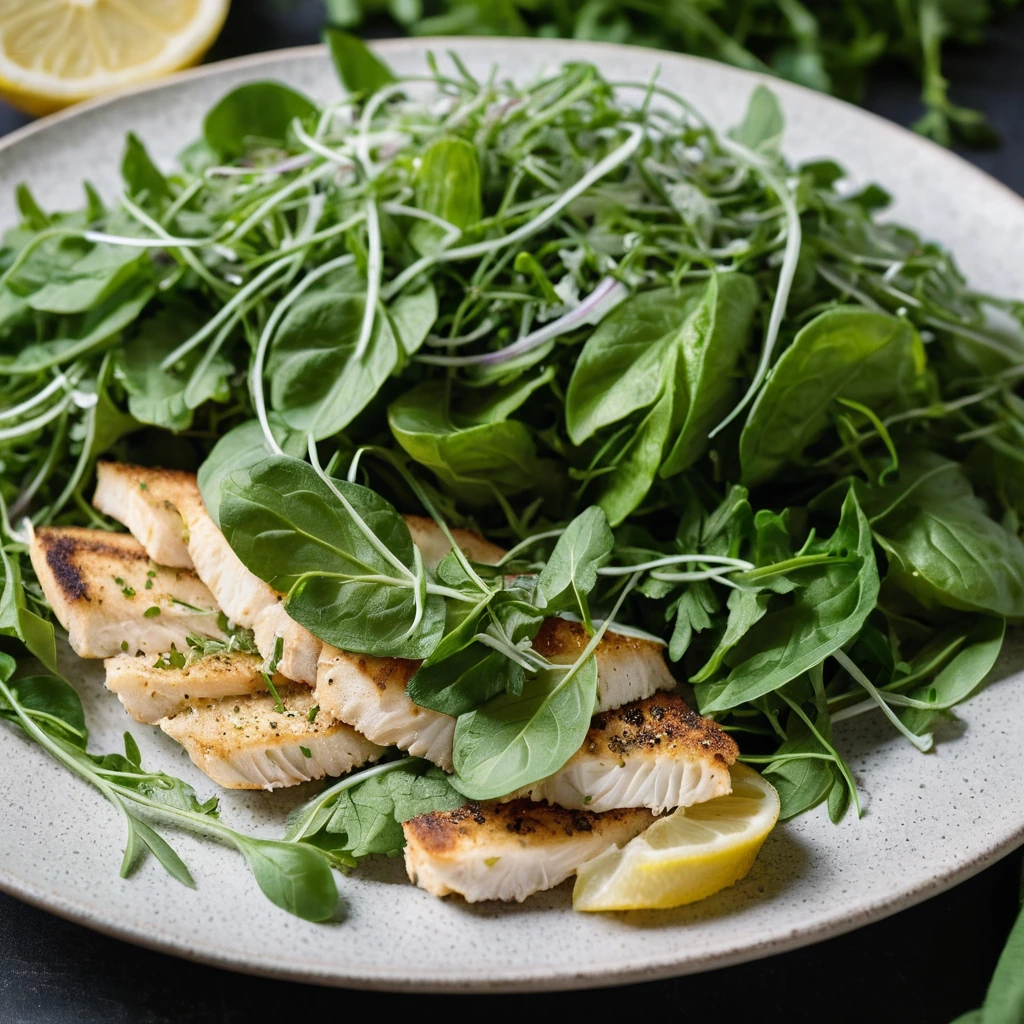 Plump golden chicken slices over a bed of vibrant green arugula with lemon slices and shavings of Parmesan