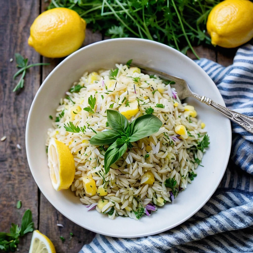 A plated serving of Herbed Lemon Orzo Salad