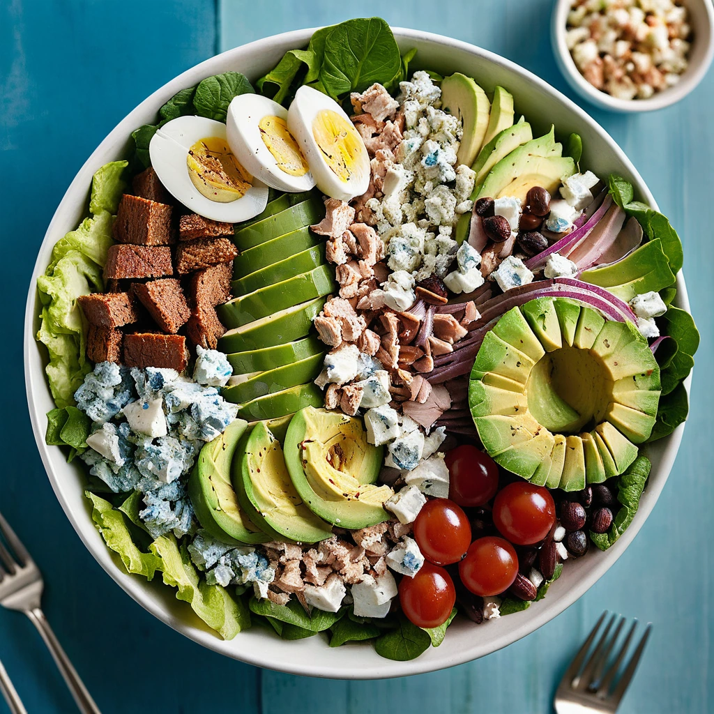Colorful bowl of cobb salad with turkey, eggs, avocado, bacon, and blue cheese crumbles.