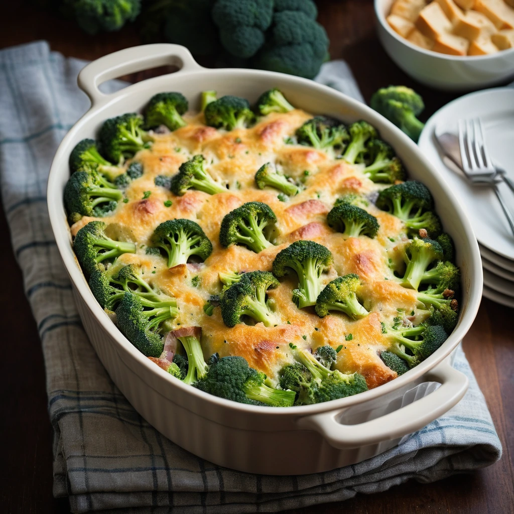 Golden casserole dish with a top layer of melted cheddar cheese, dotted with green broccoli florets and chunks of ham.