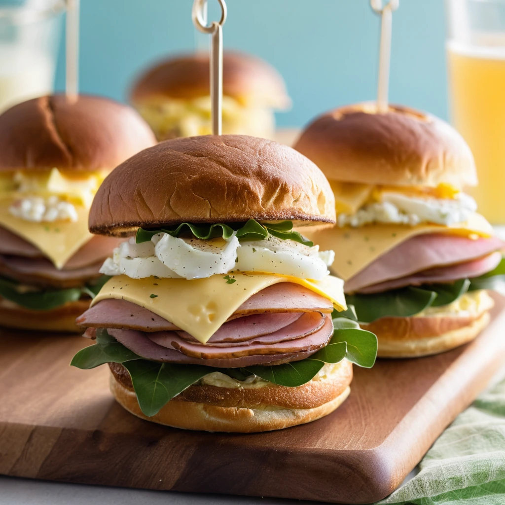 Golden breakfast sliders with fluffy scrambled eggs, melted Swiss cheese, and ham on a platter.