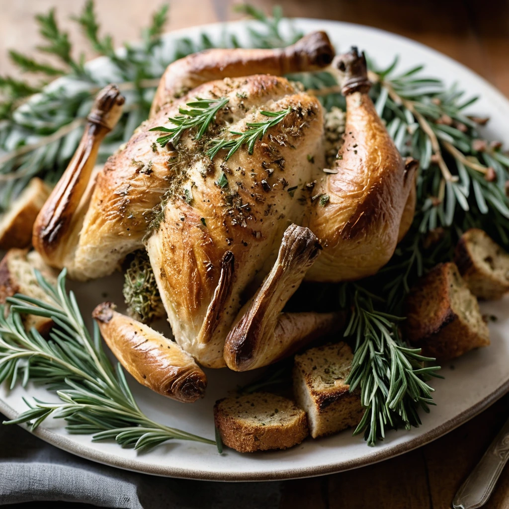 Whole roasted chicken on a bed of golden sourdough croutons, sprinkled with fresh herbs.