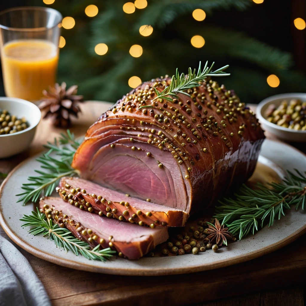 Golden glazed ham with a sprinkle of mustard seeds, served on a rustic platter with fresh herbs.