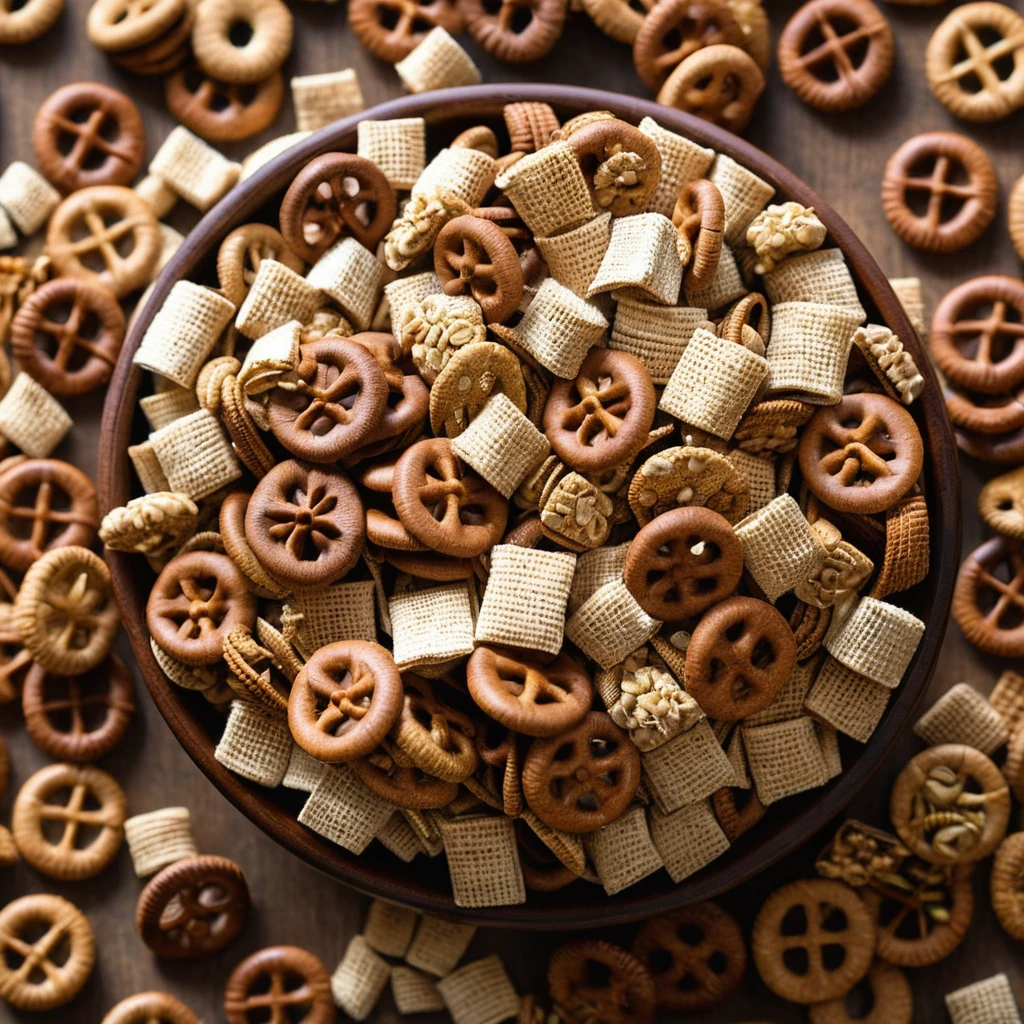 Golden brown mix of cereals, pretzels, and nuts in a bowl with a sprinkle of green onion