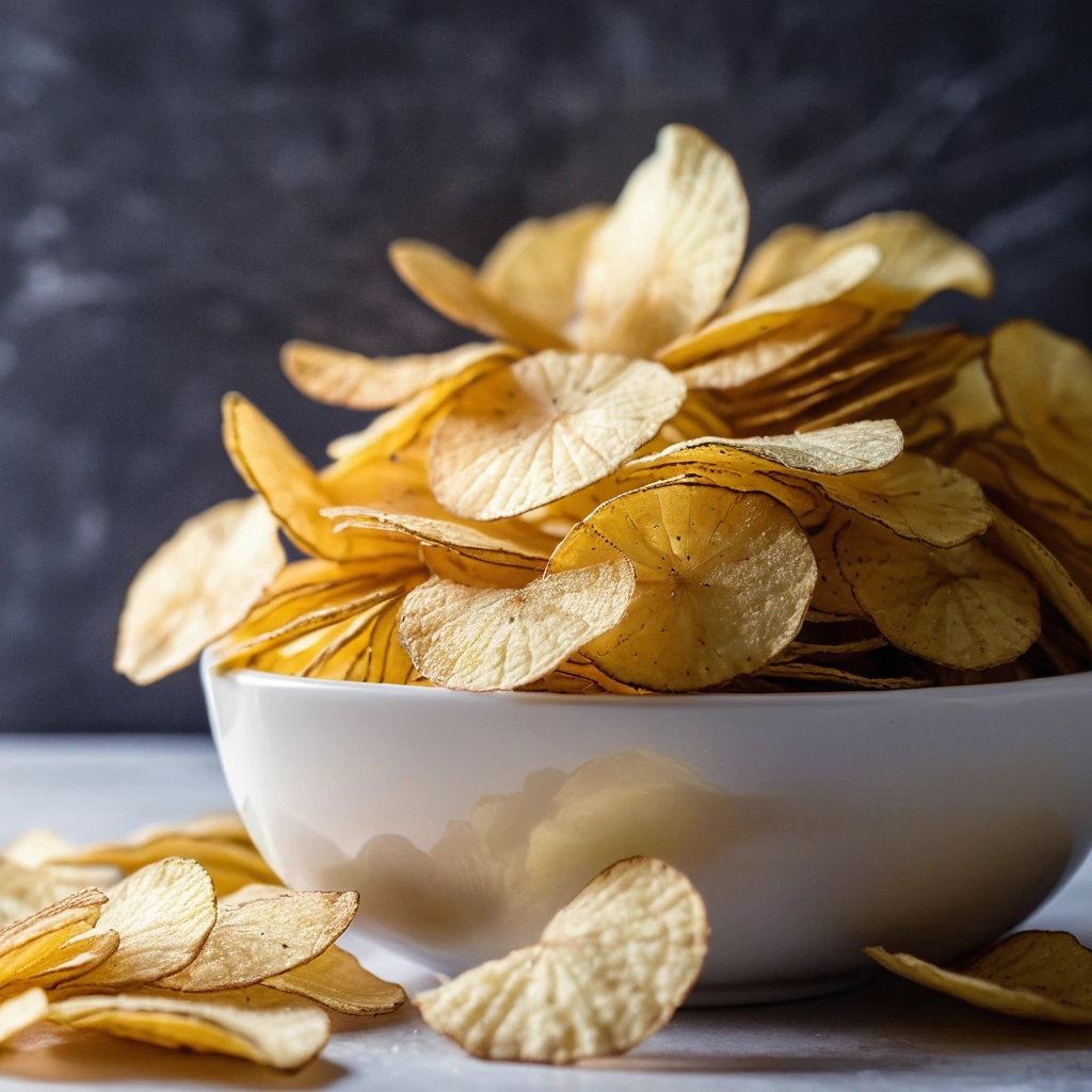 Stack of golden-brown potato chips in a white bowl with a sprinkle of salt on top