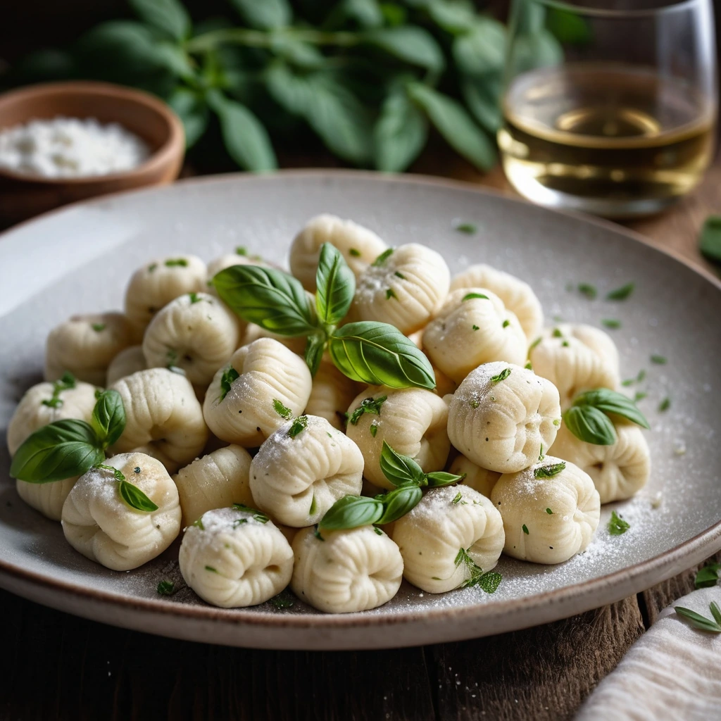 golden-brown gnocchi with a sprinkle of green herbs on a rustic wooden board