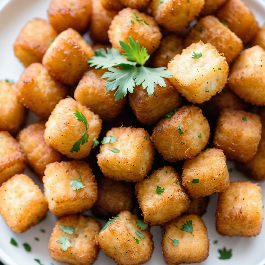 Golden brown tater tots on a white plate with a sprinkle of parsley.