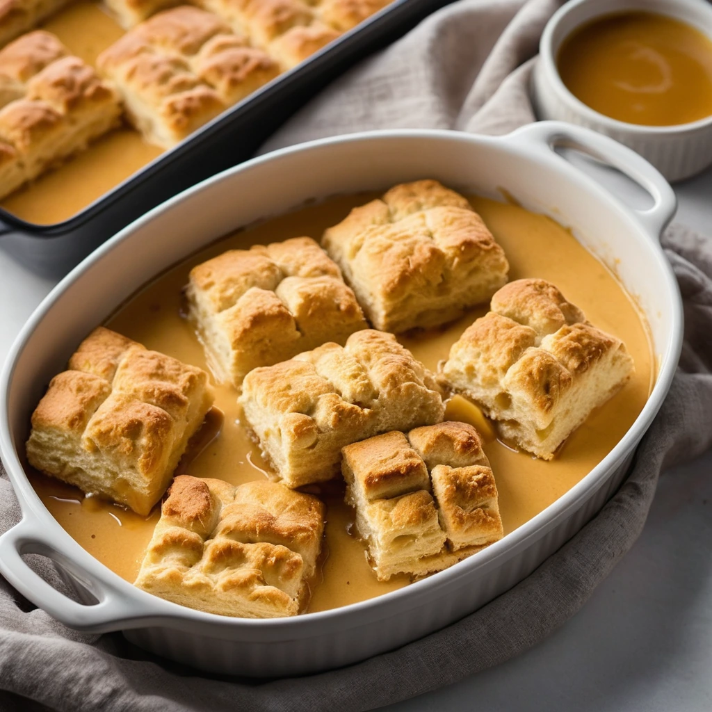A baking dish filled with golden chicken pieces and fluffy biscuits topped with a glossy honey butter sauce.