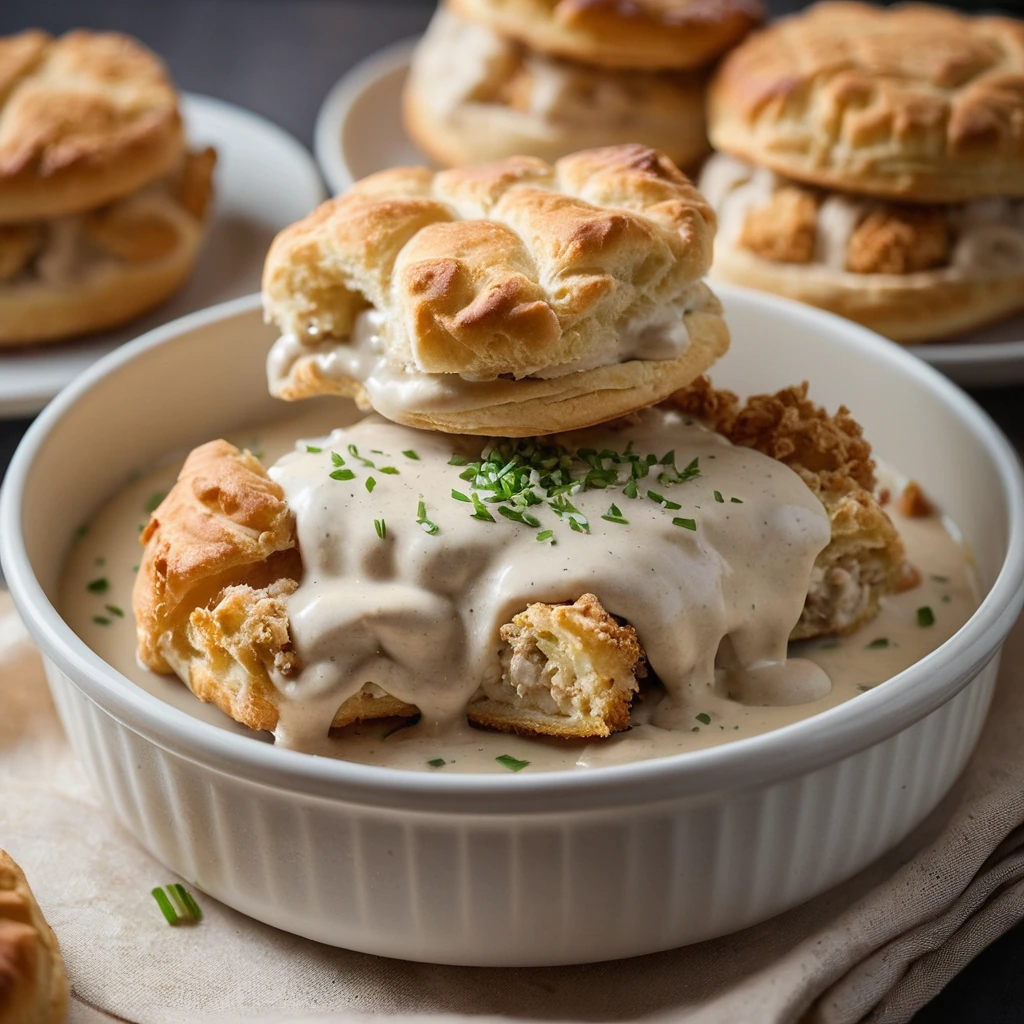 golden brown biscuits topped with crispy fried chicken pieces in a creamy white gravy