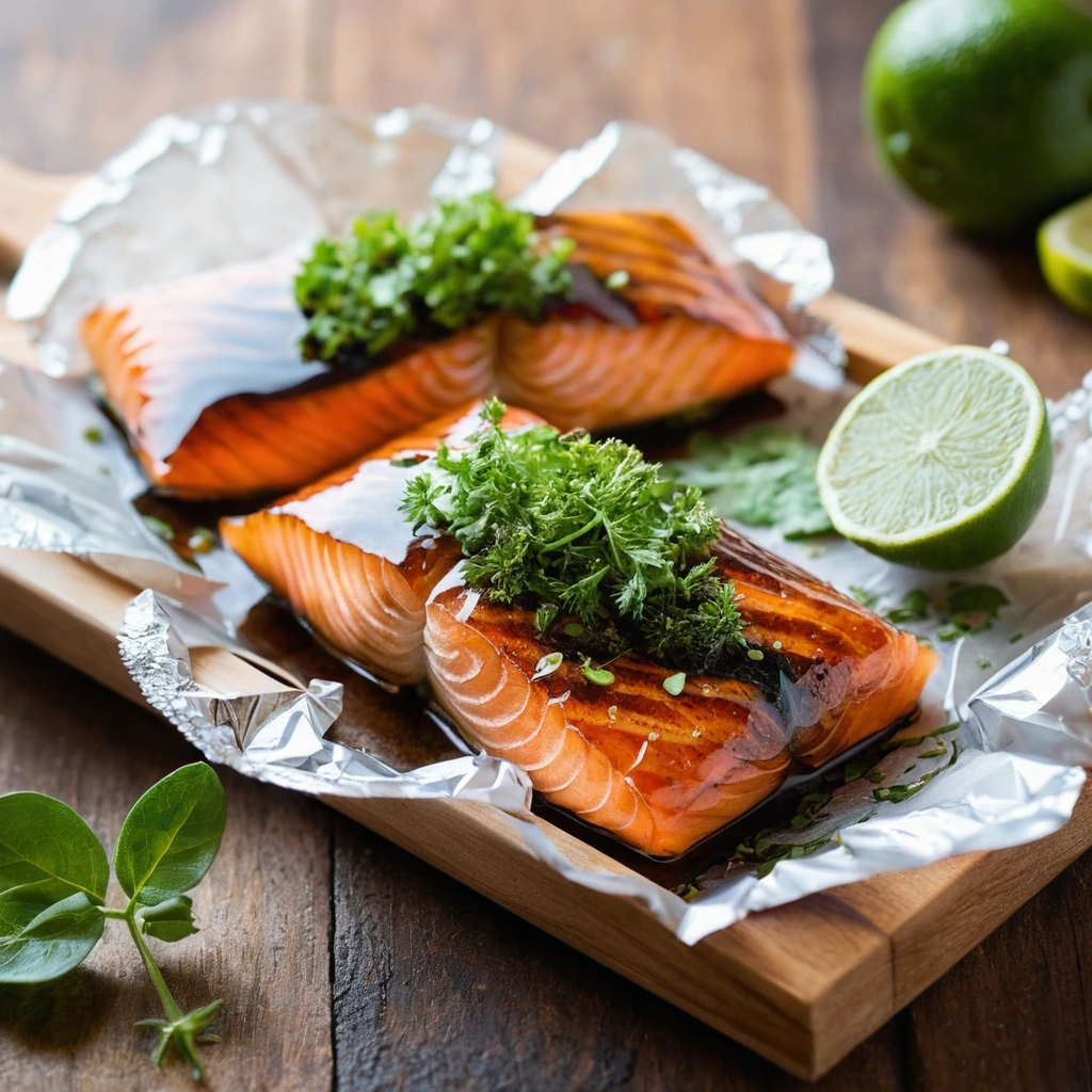 Four foil-wrapped grill packets on a wooden cutting board with a drizzle of glaze visible.