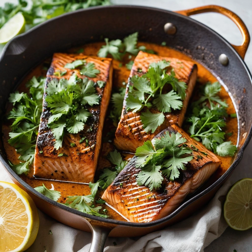 Golden salmon fillets in a glossy orange-brown sauce, served in a sizzling skillet with fresh cilantro.