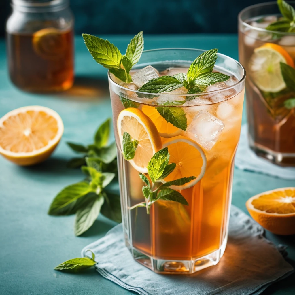 Clear glass filled with ice and amber-colored tea, garnished with a sprig of fresh mint and a slice of orange.