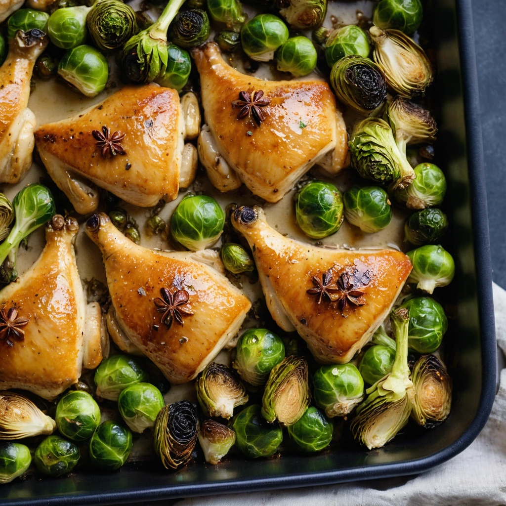 Golden roasted chicken pieces and caramelized brussels sprouts in a glossy honey dijon glaze on a baking dish.