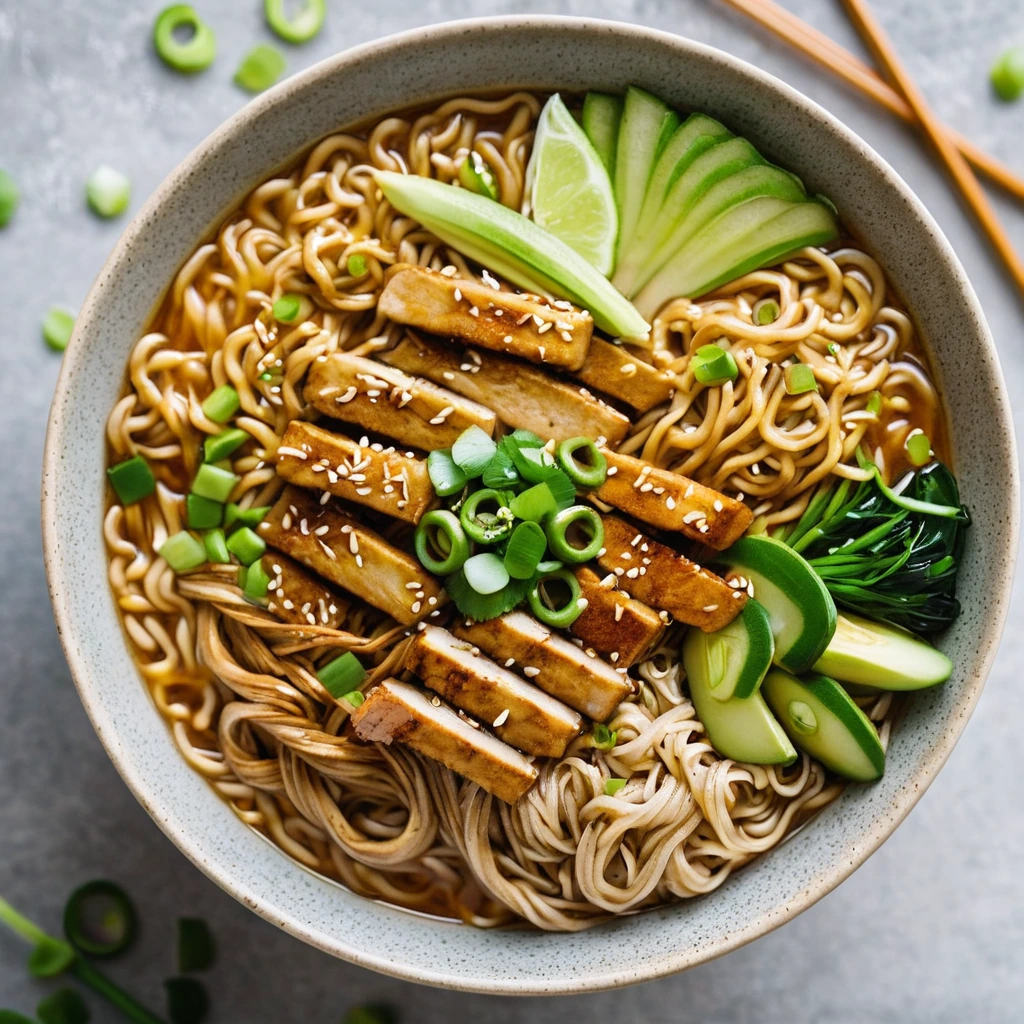 Bowl of ramen noodles topped with golden chicken pieces, drizzled with amber honey garlic sauce, garnished with green scallions.