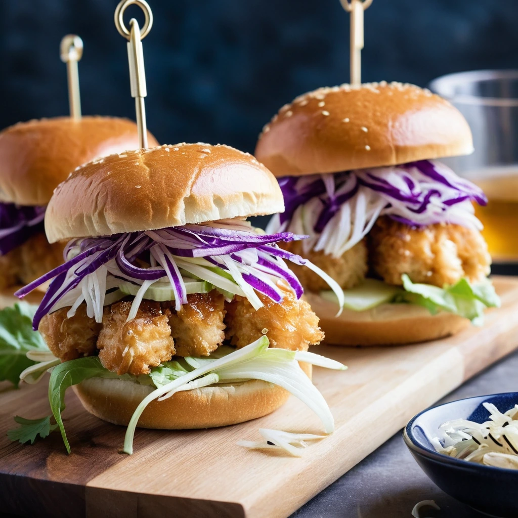 Small golden buns filled with glazed chicken and topped with vibrant purple and white coleslaw.