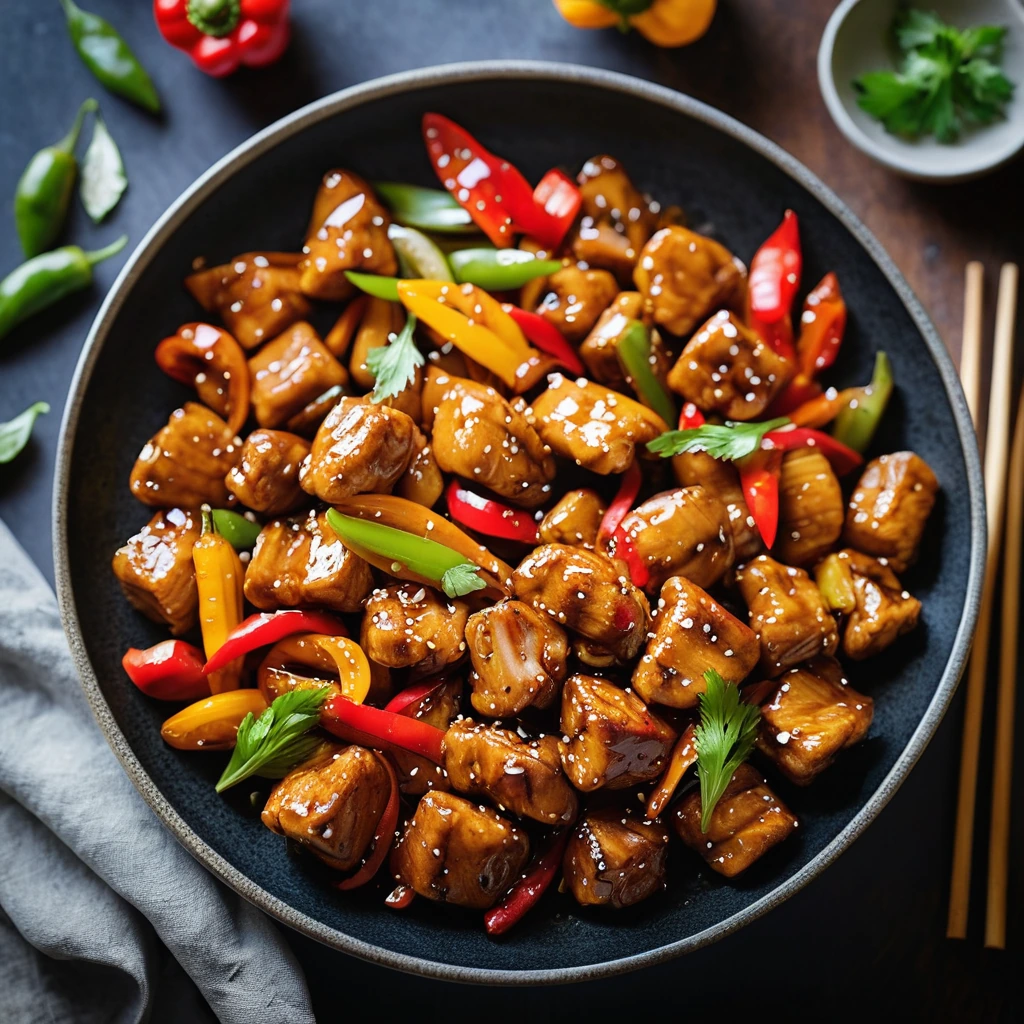 Colorful bell peppers and chicken pieces in a glossy honey garlic sauce served in a sizzling pan