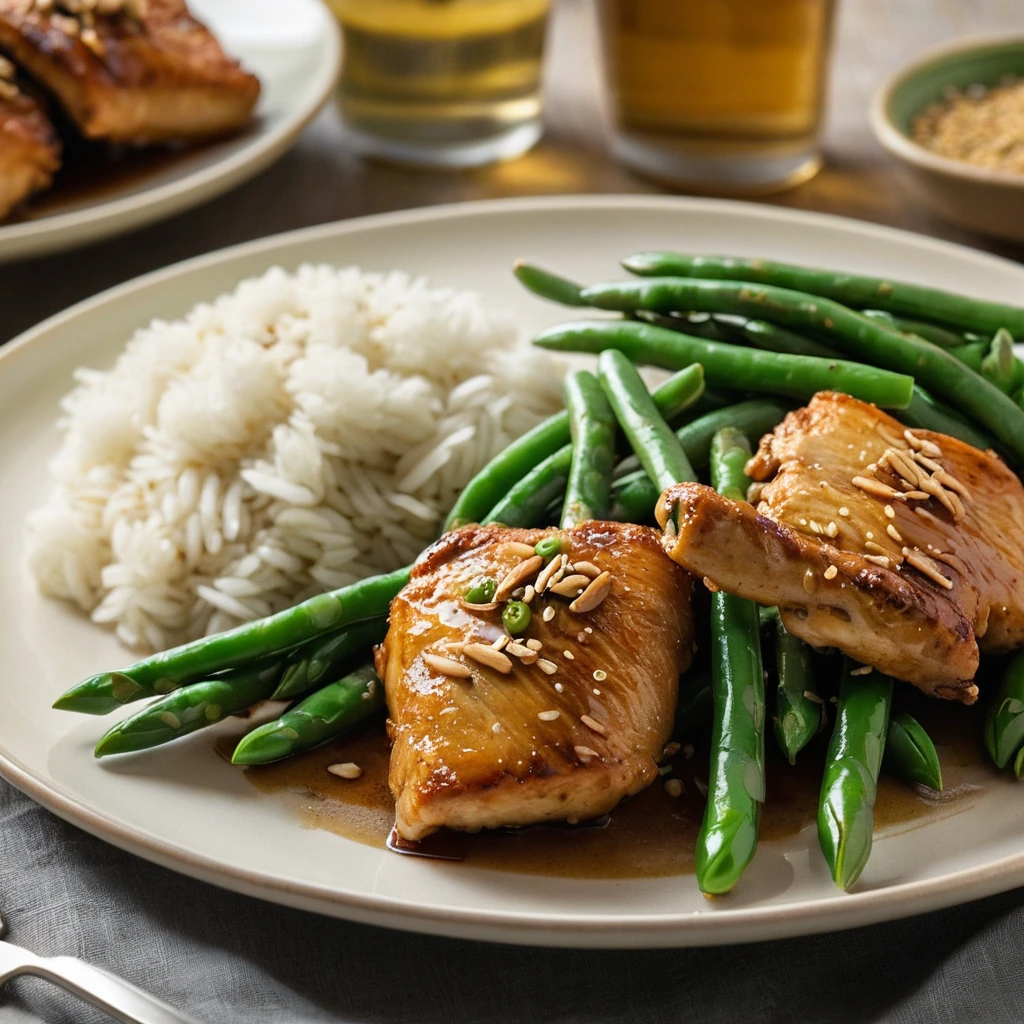 Chicken thighs and green beans on a plate with a golden glaze
