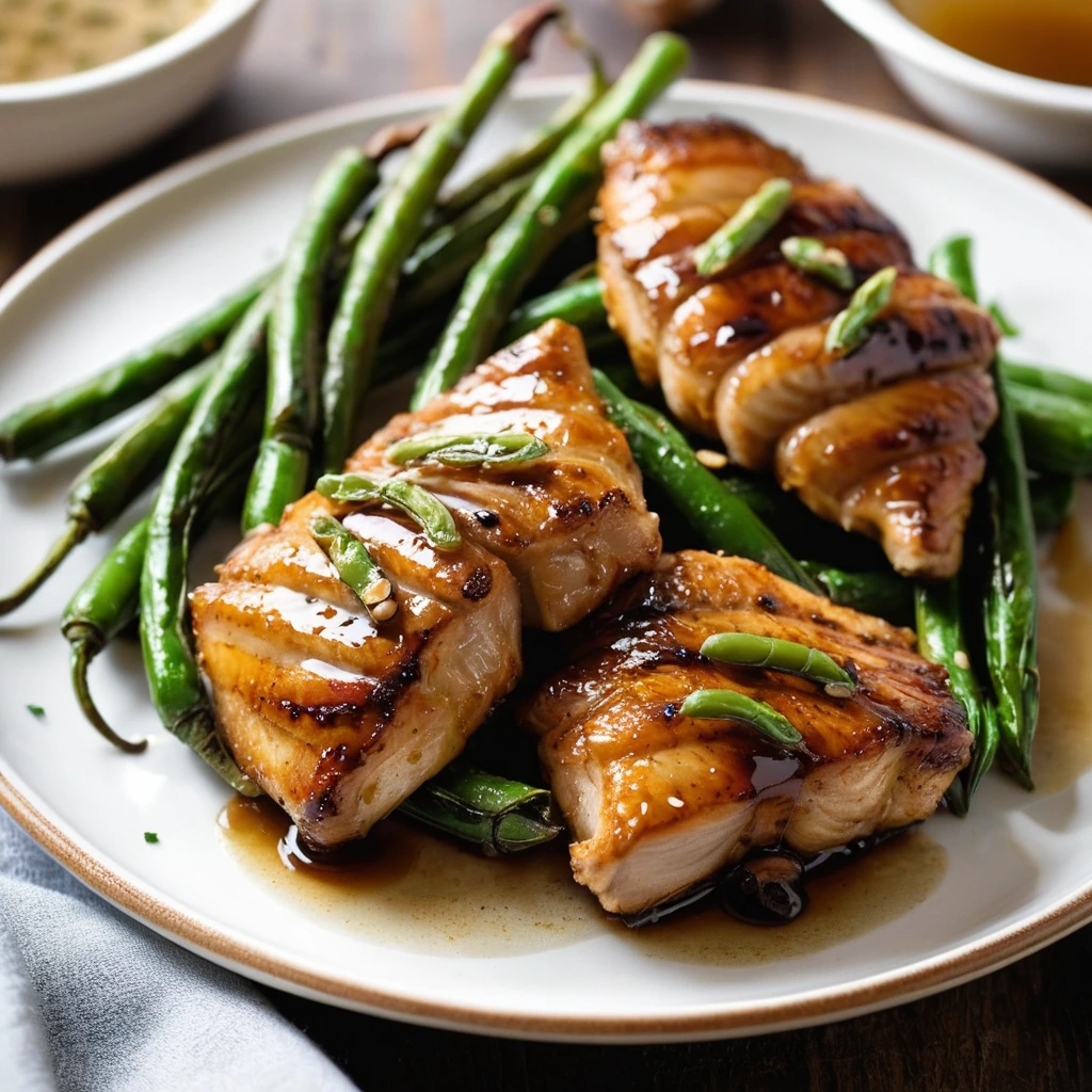 Golden chicken thighs and roasted green beans on a platter, drizzled with a honey garlic glaze.