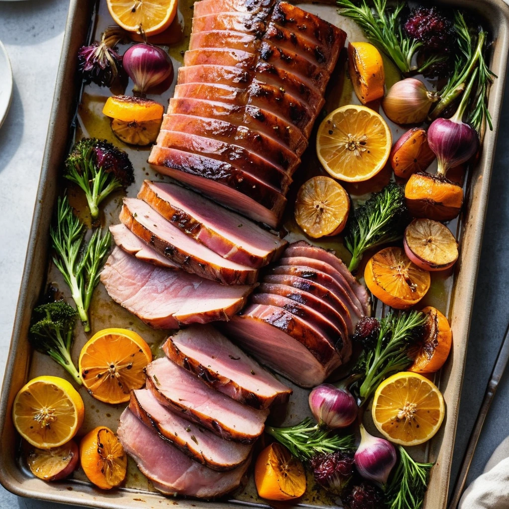 Golden roasted vegetables and glazed ham slices on a sheet pan, drizzled with a shiny honey-garlic glaze.