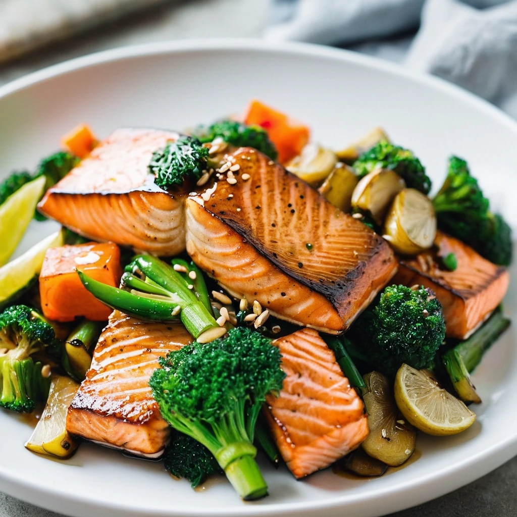 Golden glazed salmon nestled among colorful stir-fried vegetables on a white plate.