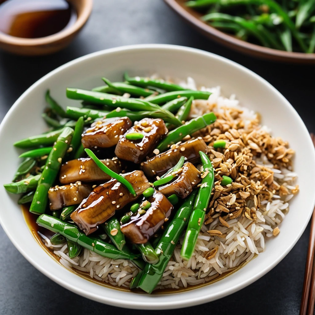 Steamed green beans and sliced pork in a glossy honey garlic sauce served in a white bowl with a sprinkle of sesame seeds.