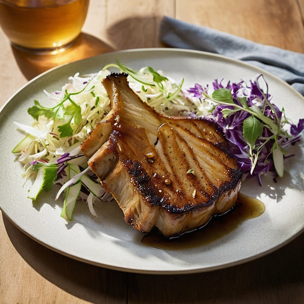 Golden pork chops with a shiny glaze on a plate, garnished with a vibrant green and red slaw.