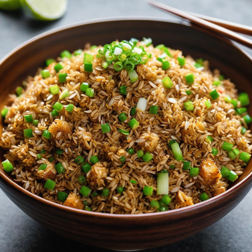 Golden fried rice with caramelized bits in a large bowl, garnished with green scallions.