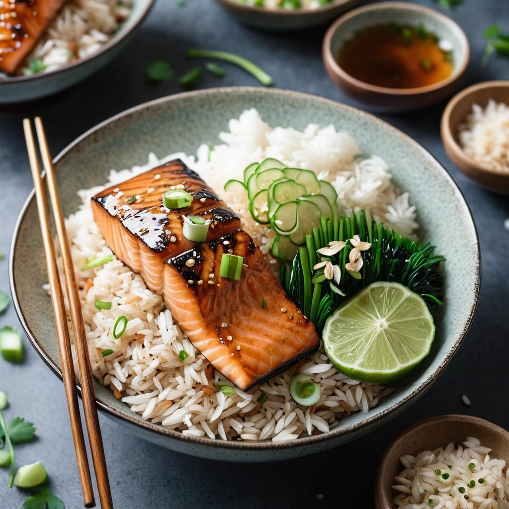 Golden salmon fillet over a bed of fragrant jasmine rice, drizzled with a shiny honey-soy glaze and garnished with green onions and sesame seeds.