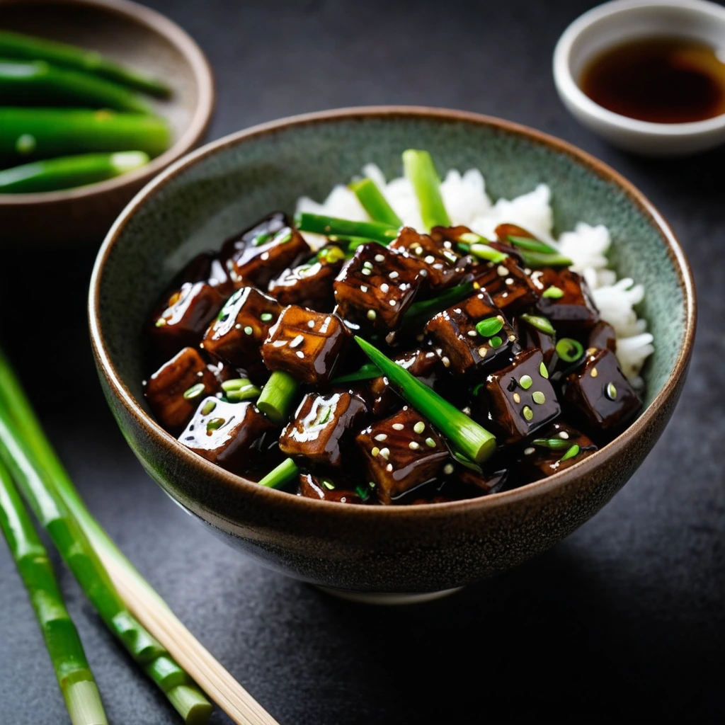 Shiny, dark amber sauce in a bowl with a drizzle pattern, garnished with green scallions.