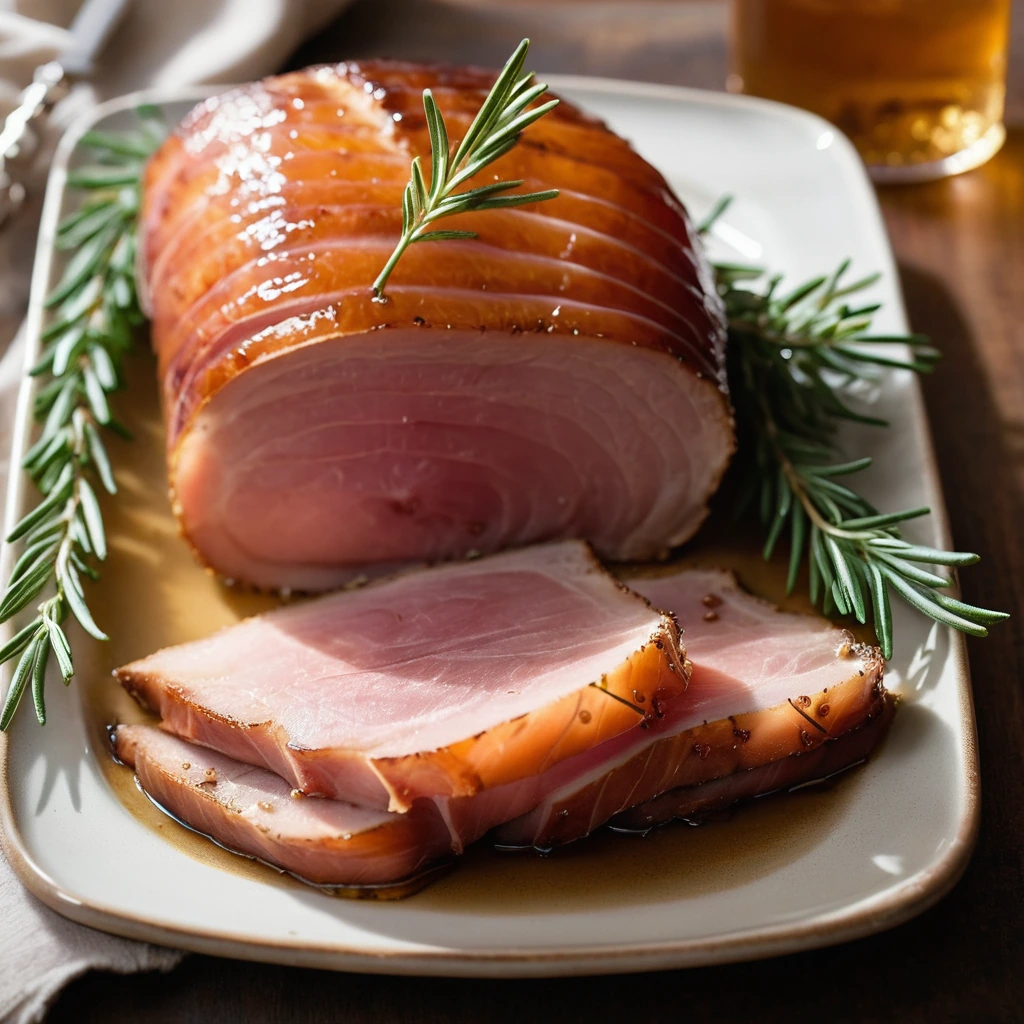 Golden glazed ham on a serving platter with sprigs of fresh rosemary