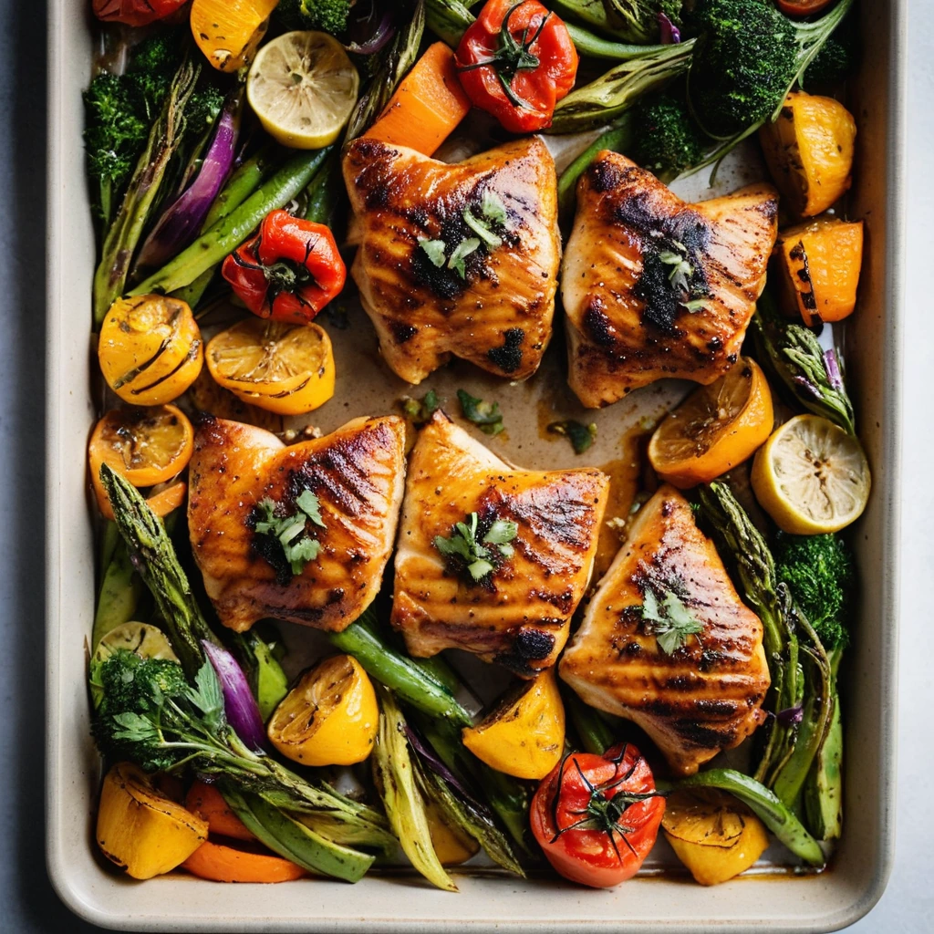 Sheet pan with roasted chicken thighs and colorful vegetables drizzled with a golden glaze.