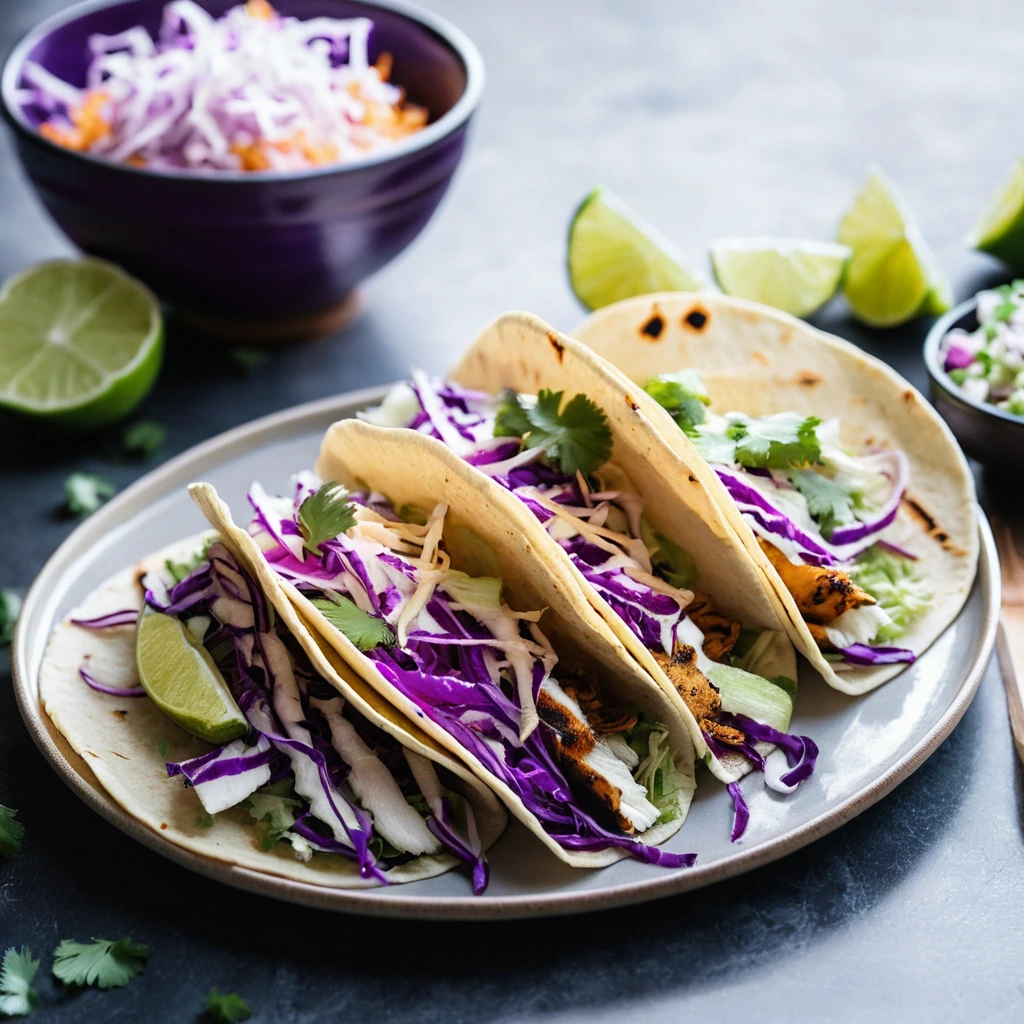 Warm corn tortillas filled with grilled chicken, drizzled with honey lime glaze, and topped with vibrant purple and white cabbage slaw.