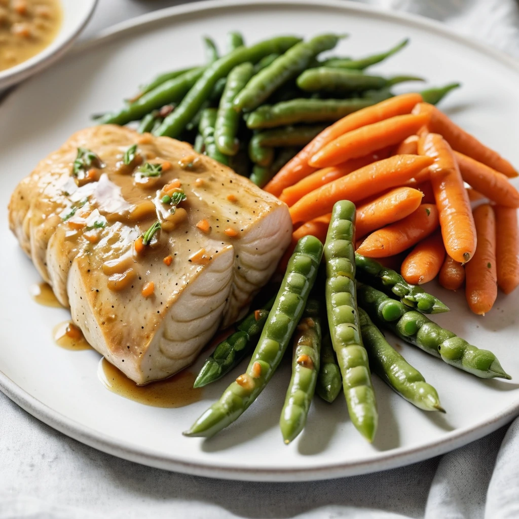 Glossy chicken breasts with green beans and carrots on a white plate