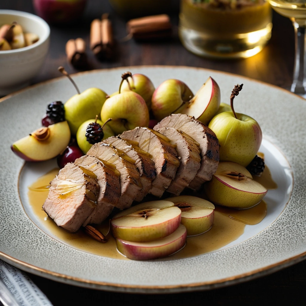 Golden roasted apples and honey mustard glazed pork tenderloin on a platter