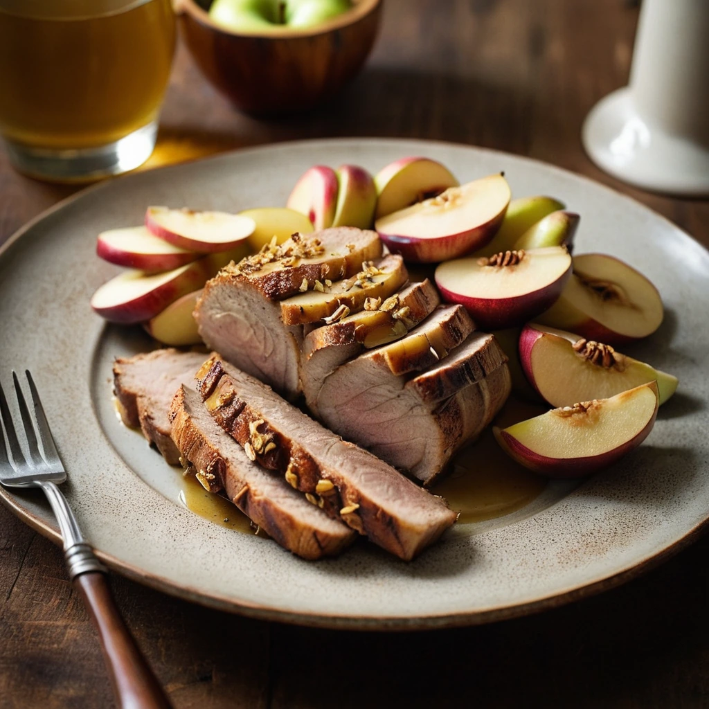 Golden roasted pork loin with caramelized apple slices on a rustic platter