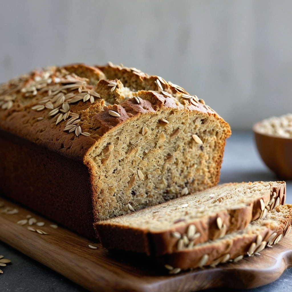 Golden brown quick bread loaf dusted with oats on a wooden board.