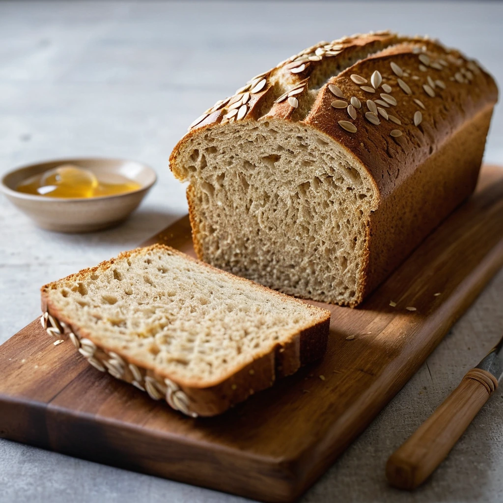 A warm loaf of golden honey oat bread sliced and arranged on a rustic wooden board.