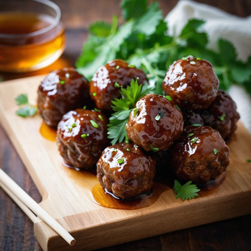 Golden brown pork meatballs in a glossy honey soy glaze, arranged on a rustic wooden board.