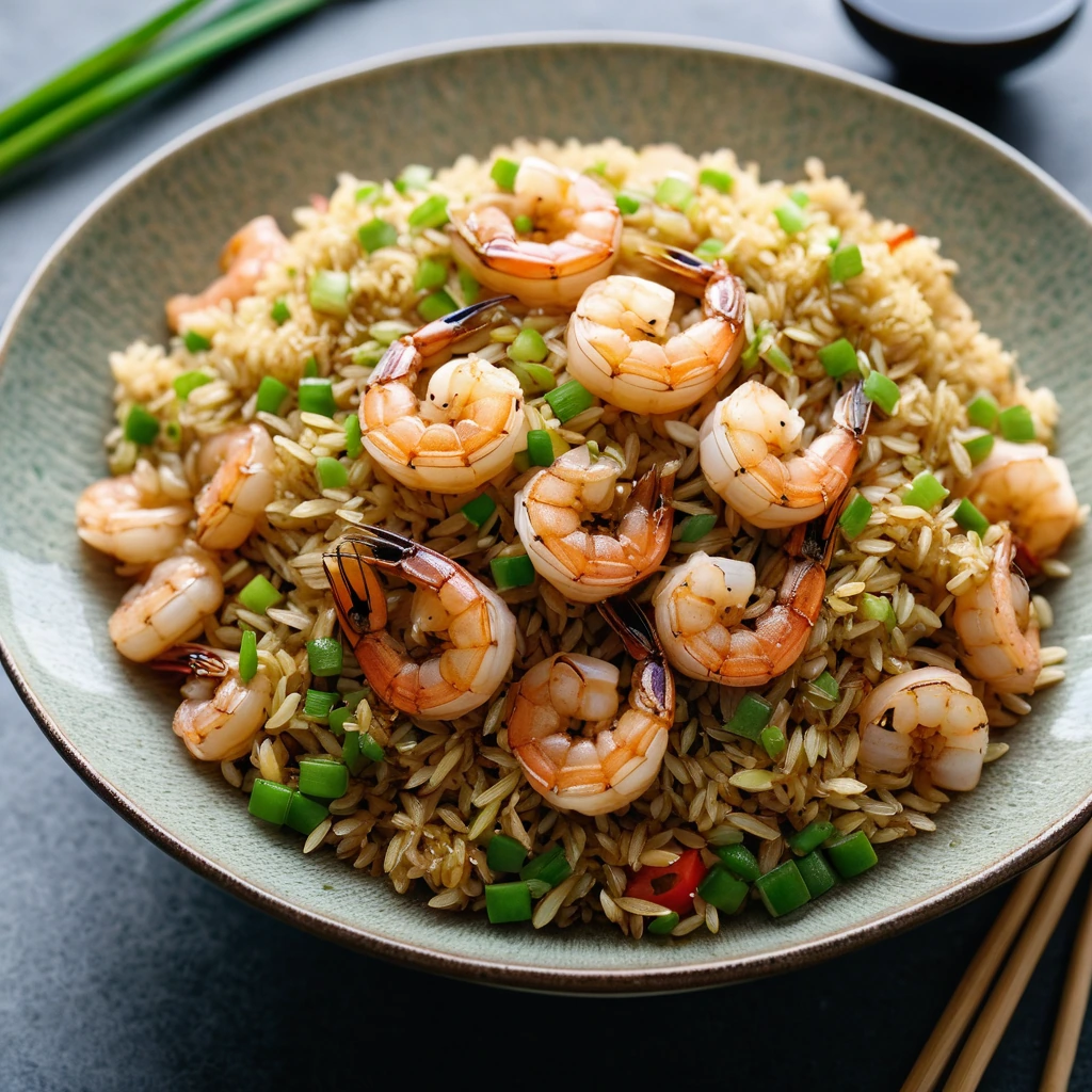 Golden fried rice in a bowl topped with glazed shrimp and green onions.