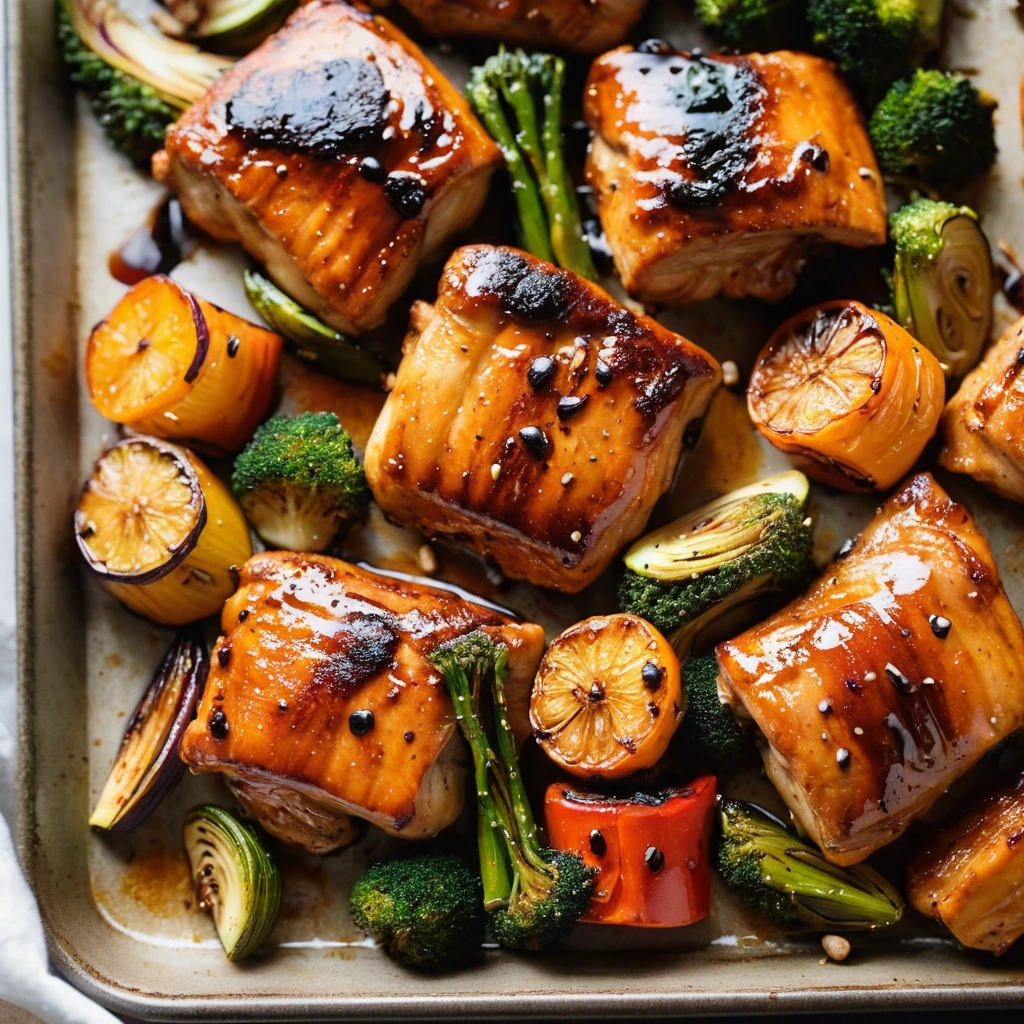 Golden roasted vegetables and glossy chicken thighs on a baking sheet, drizzled with honey sriracha glaze.