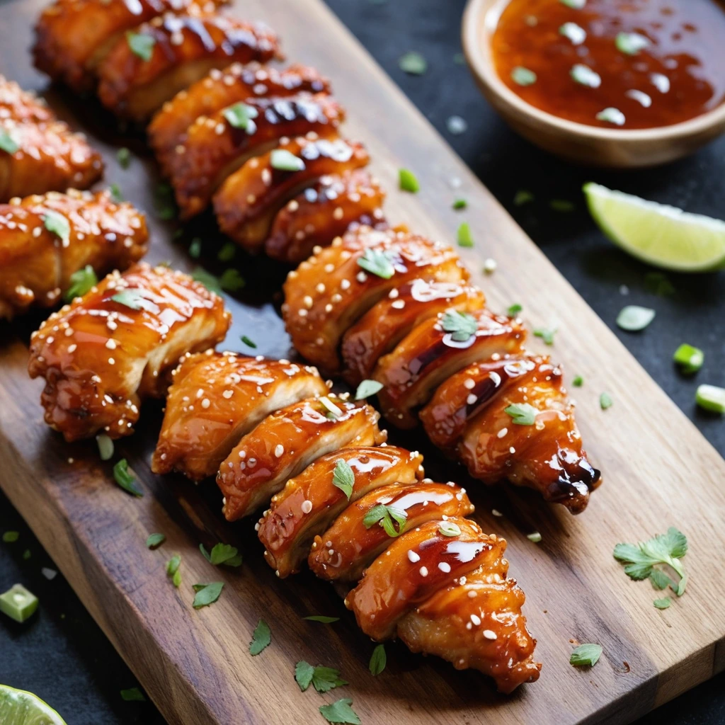 Golden chicken wingettes drenched in a glossy orange glaze, sprinkled with sesame seeds, served on a rustic wooden board.