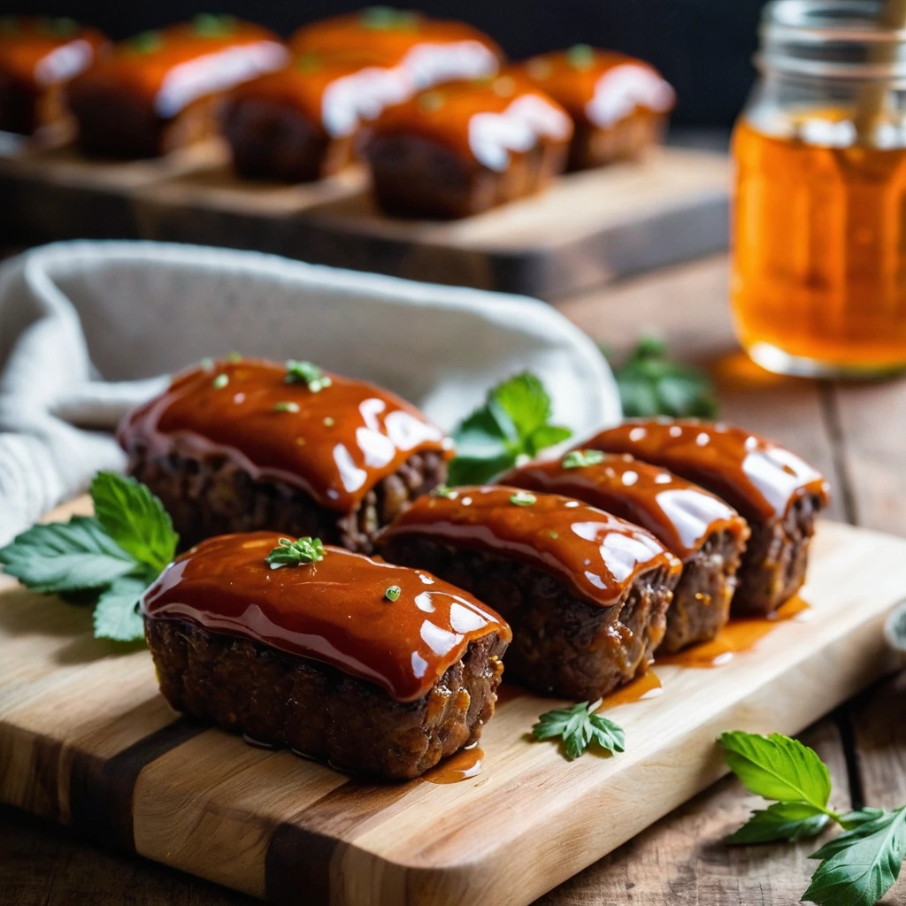 Golden brown mini meatloaves with a glossy orange glaze, arranged on a rustic wooden board.