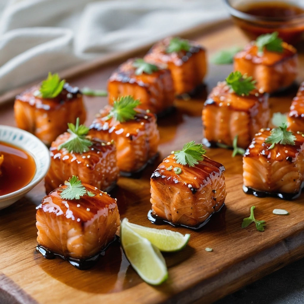 Golden salmon bites glistening with a glossy orange glaze on a rustic wooden board.