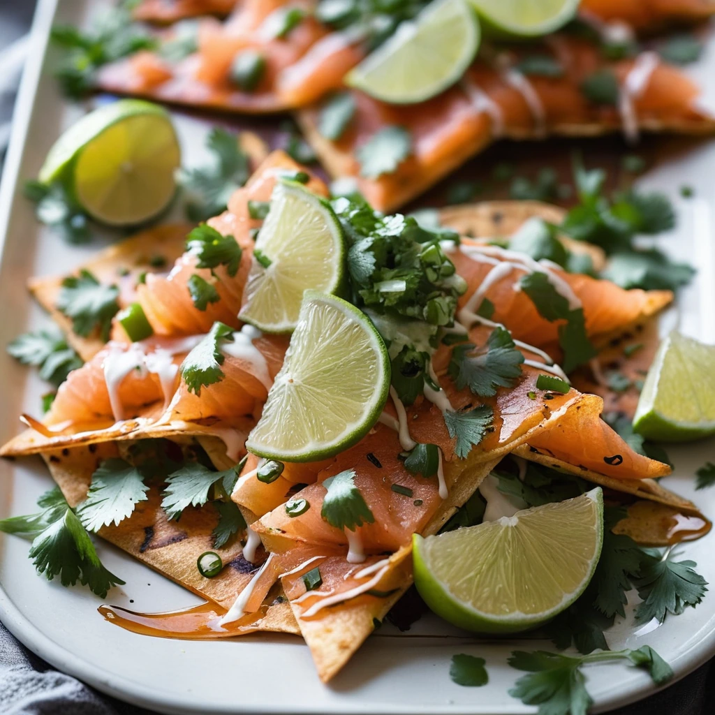 Crispy tortilla chips layered with flaked salmon, melted cheese, and a drizzle of honey sriracha glaze, garnished with green cilantro.