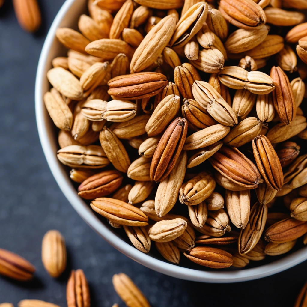 Golden snack mix with peanuts in a bowl, dusted with red sriracha specks.