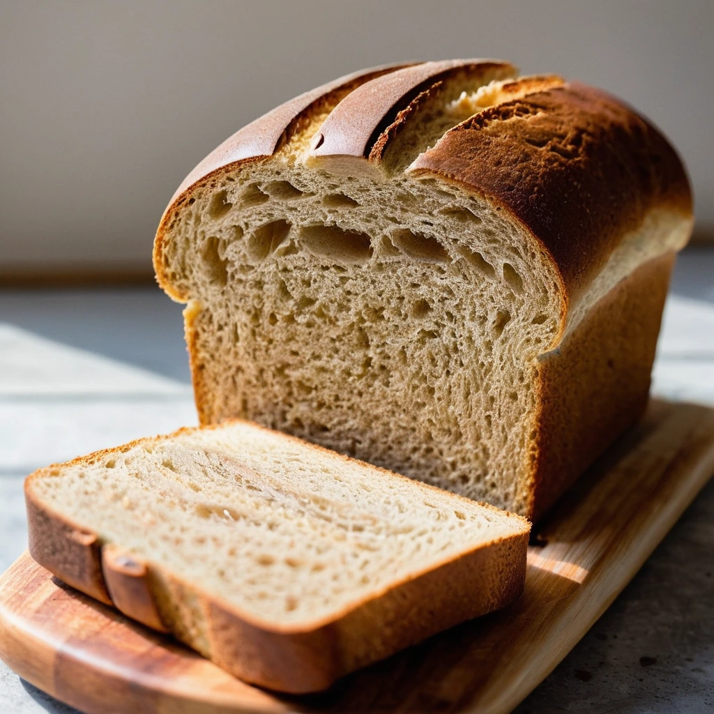 Golden loaf of bread with a crusty exterior, sliced open to reveal soft, honey-sweetened whole wheat interior