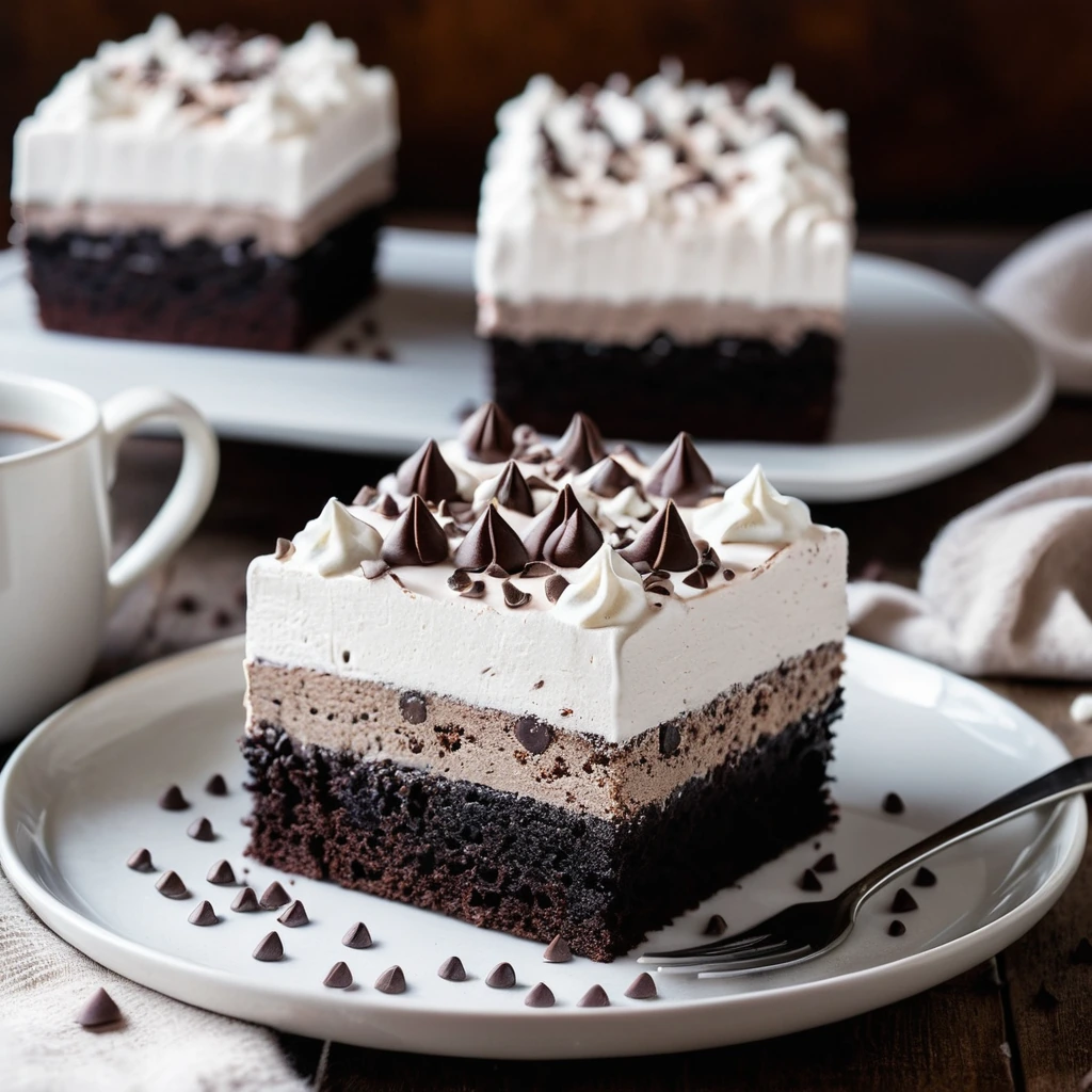 A square cake in a glass dish, topped with fluffy white frosting and chocolate sprinkles.